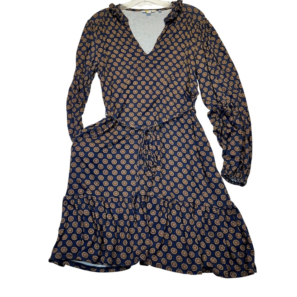 Boden Mini Dress Womens 8L Navy Blue Medallion Floral Boho Ruffle Tie‎ Waist